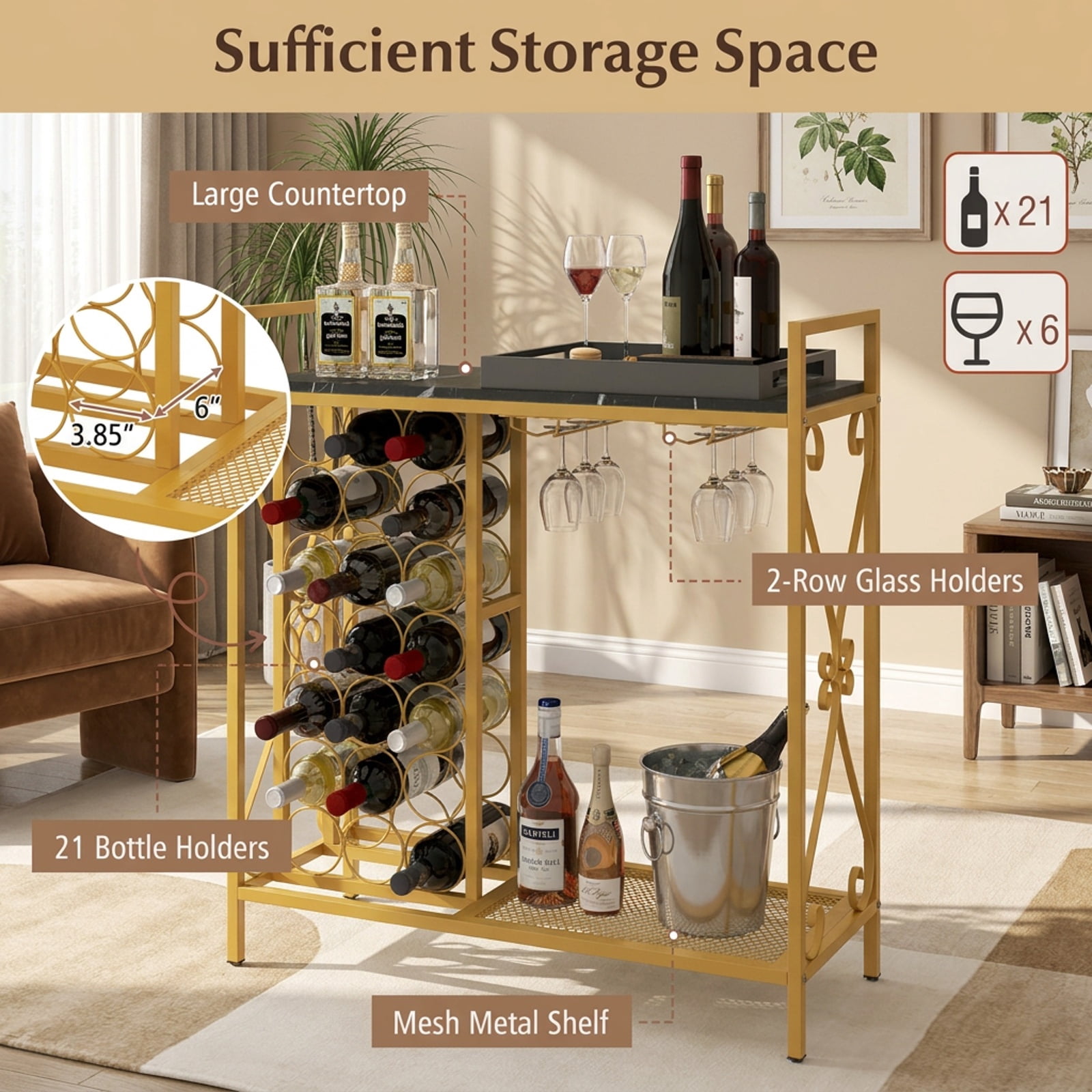 RUIE 21 Bottle Freestanding Wine Rack, Floor Wine Bottle Organizer with Glass Holder, Metal Wood Storage Shelf for Kitchen Dining Room - Black Golden