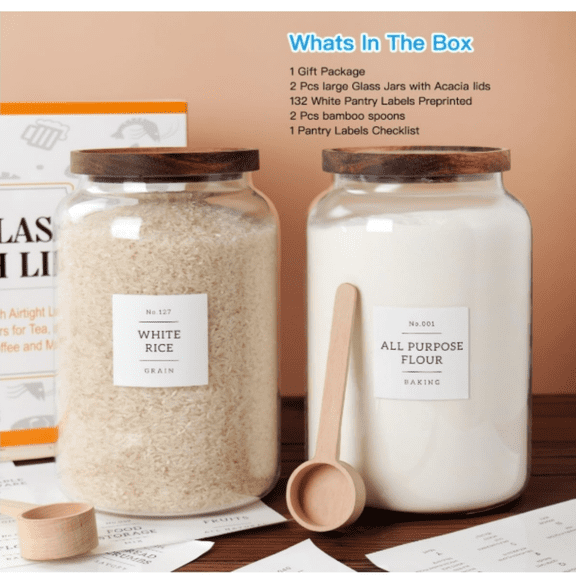 2 PCS Large Glass Jar with Airtight Lid, Glass Food Storage Jars for Tea,Spice,Cereal, Egg,Flour,Coffee and More