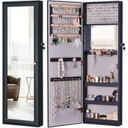 LUXFURNI Jewelry Armoire Organizer, Wall/ Door Mounted Cabinet With Full Length Mirror (Black)