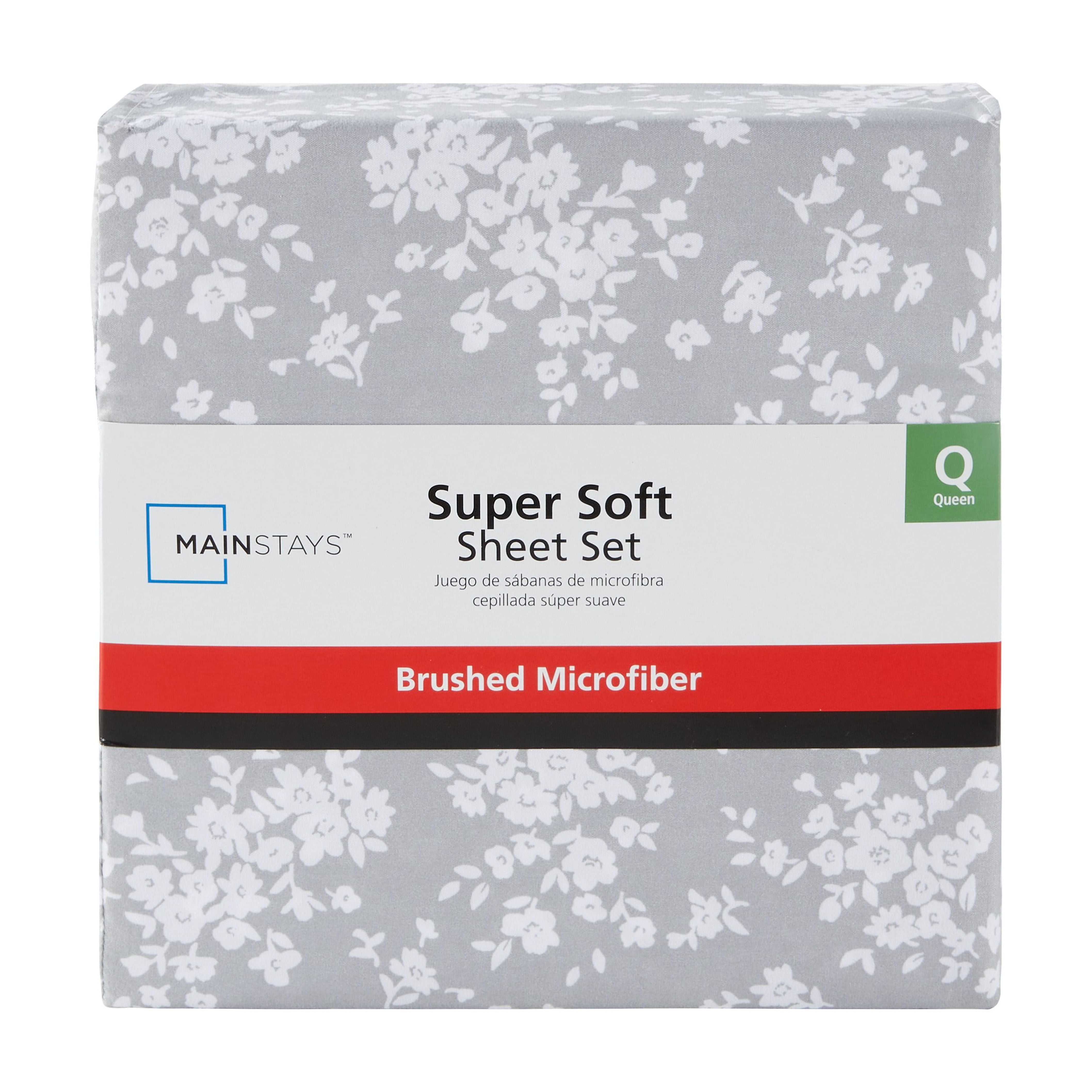 Mainstays Super Soft Brushed Microfiber Bed Sheet Set, King, Gray Floral, 4 Piece