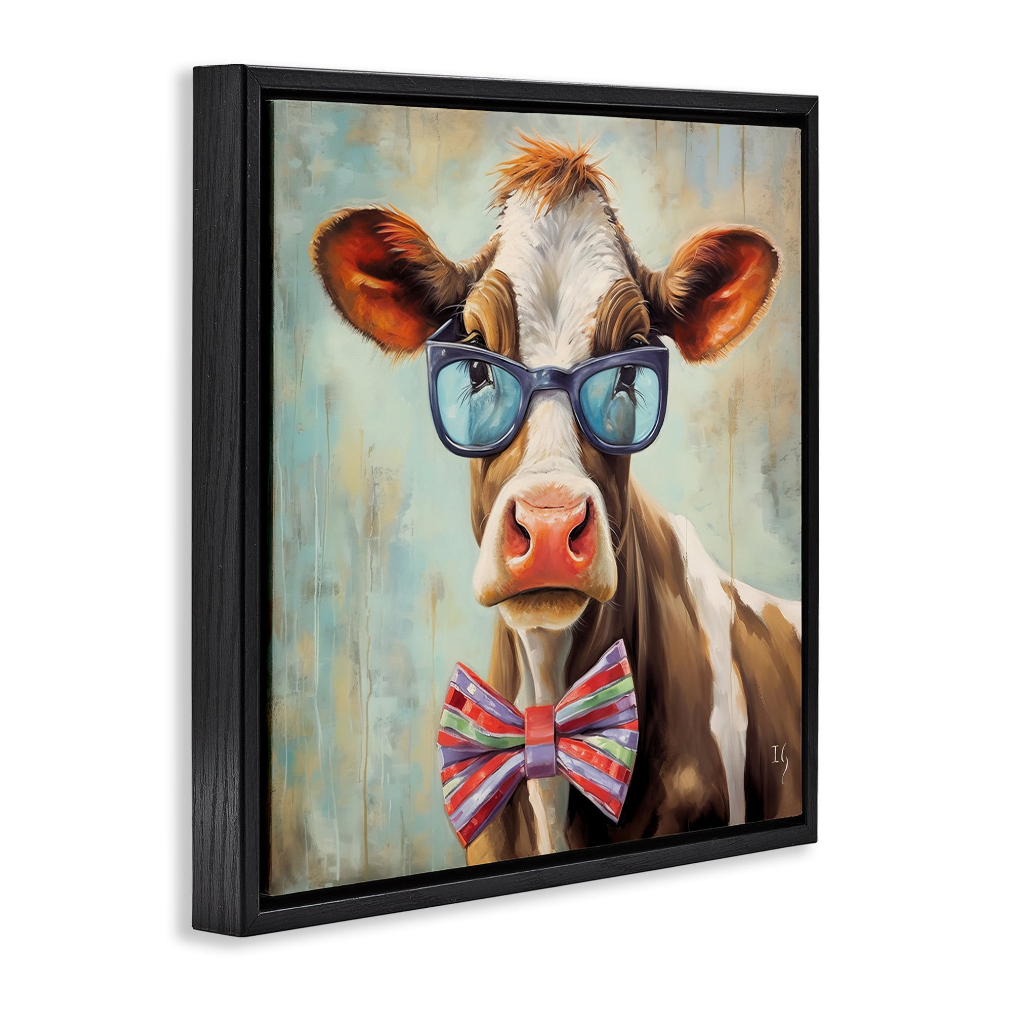 Stupell Industries Hipster Cow with Bowtie Animals & Insects Painting Black Floater Framed Canvas Art Print Wall Art, 18 x 18