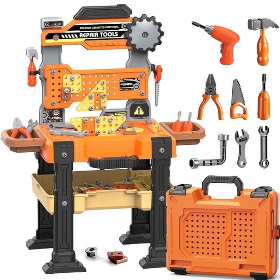 LINXUXIE 156PCS Pretend Construction Toy Set with Drill, Orange Kids Toy Workbench Playset Tools for Kids Ages 3 4 5 6 7 8 Years Old, Ideal Birthday Gifts for Boys