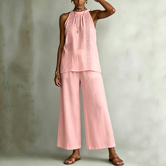 Mifsaly Travel Outfits for Women 2 Piece Sets Boho Halter Neck Sleeveless Top and Wide Leg Pants Lightweight Casual Summer Beach Vacation Matching Clothes Pink,M