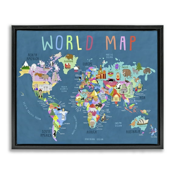 Stupell Industries World Map with Landmarks Education Painting Black Floater Framed Canvas Art Print Wall Art, 21 x 17