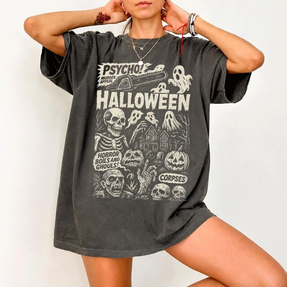 Retro Halloween Shirt, Retro Horror Graphic Tee, Skeleton Ghost Pumpkin T-Shirt
