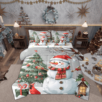 Manfei Kawaii Snowman Twin Bedding Sets 7-Piece for Kids, Red Winter Robin Birds Bedding Comforter Set, Merry Christmas Reversible Sheet Sets, Luxury Bedroom Decor