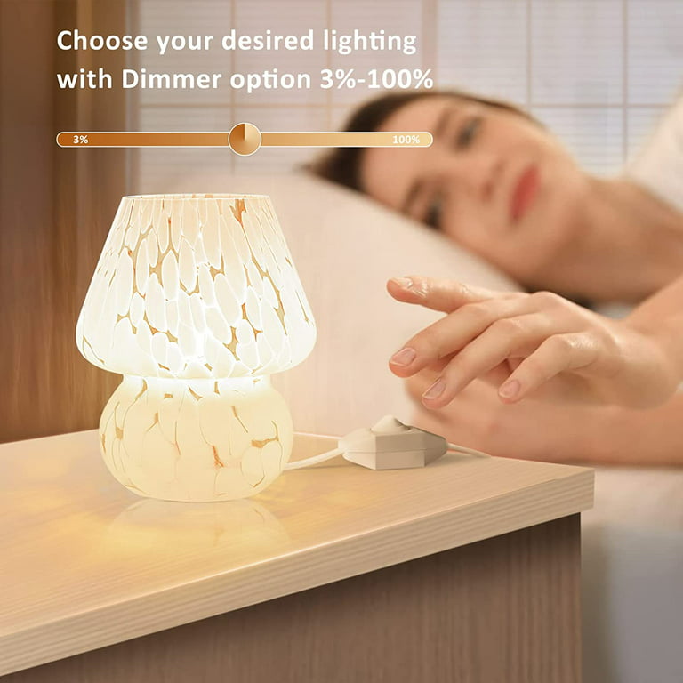 Mushroom Table Lamp, Dimmable Glass Bedside Lamp, Cute Small Nightstand  Lamp for Living Room, Bedroom, Home Decor, 7.1'' H, White