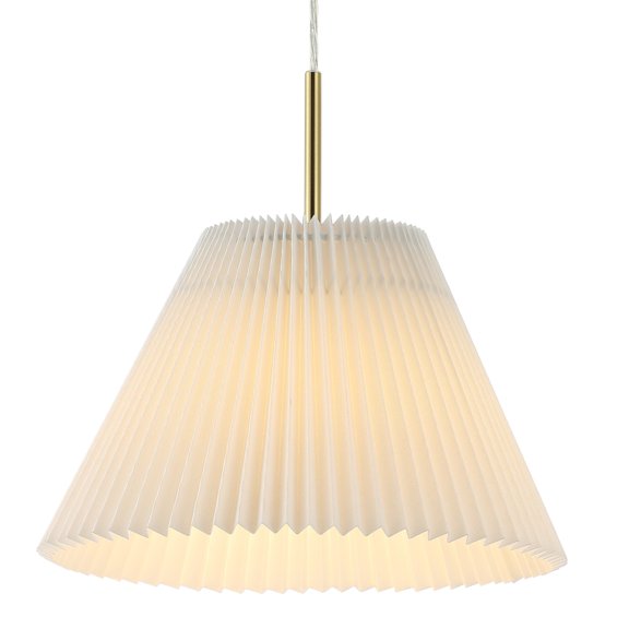 JONATHAN Y Alden 14.25" 1-Light Classic French Country Iron LED Pendant with Pleated Shade, Brass Gold/White