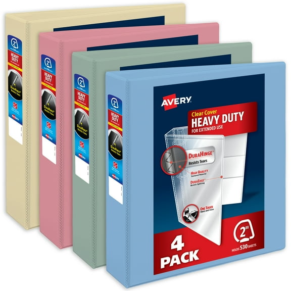 Avery Heavy-Duty View 3 Ring Binders, 2 inch One Touch Slant Rings, 530-Sheet Capacity, DuraHinge, 2.8 inch Wide Spine, Customizable Clear Cover and Spine, Assorted Pastel Colors (4-Pack of 79637)
