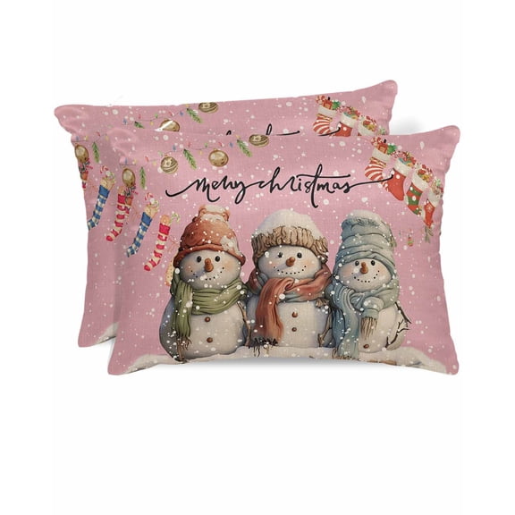 Hokiten Pillow Cases Standard Size Set of 2, Lumbar Pillow Covers, Christmas, Satin Pillowcases with Zipper for Hair/Skin, Pillow Protector Cover, Retro Blush Pink Blush Pink Snowman 20x26 Inches