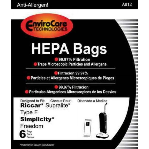6 Riccar Allergen Vacuum Bags-Type F, Simplicity, Part A812, Qty-1PK