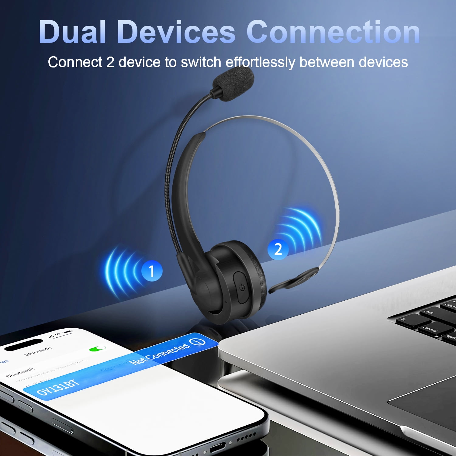 ABCPOW Trucker V5.4 Bluetooth Headset with Microphone,Noise Cancelling,Mute Button&Charging Base,Wireless On-Ear Headphones 30Hrs Playtime Wireless Headset for Office PC/Work/Cell Phone/Call Center
