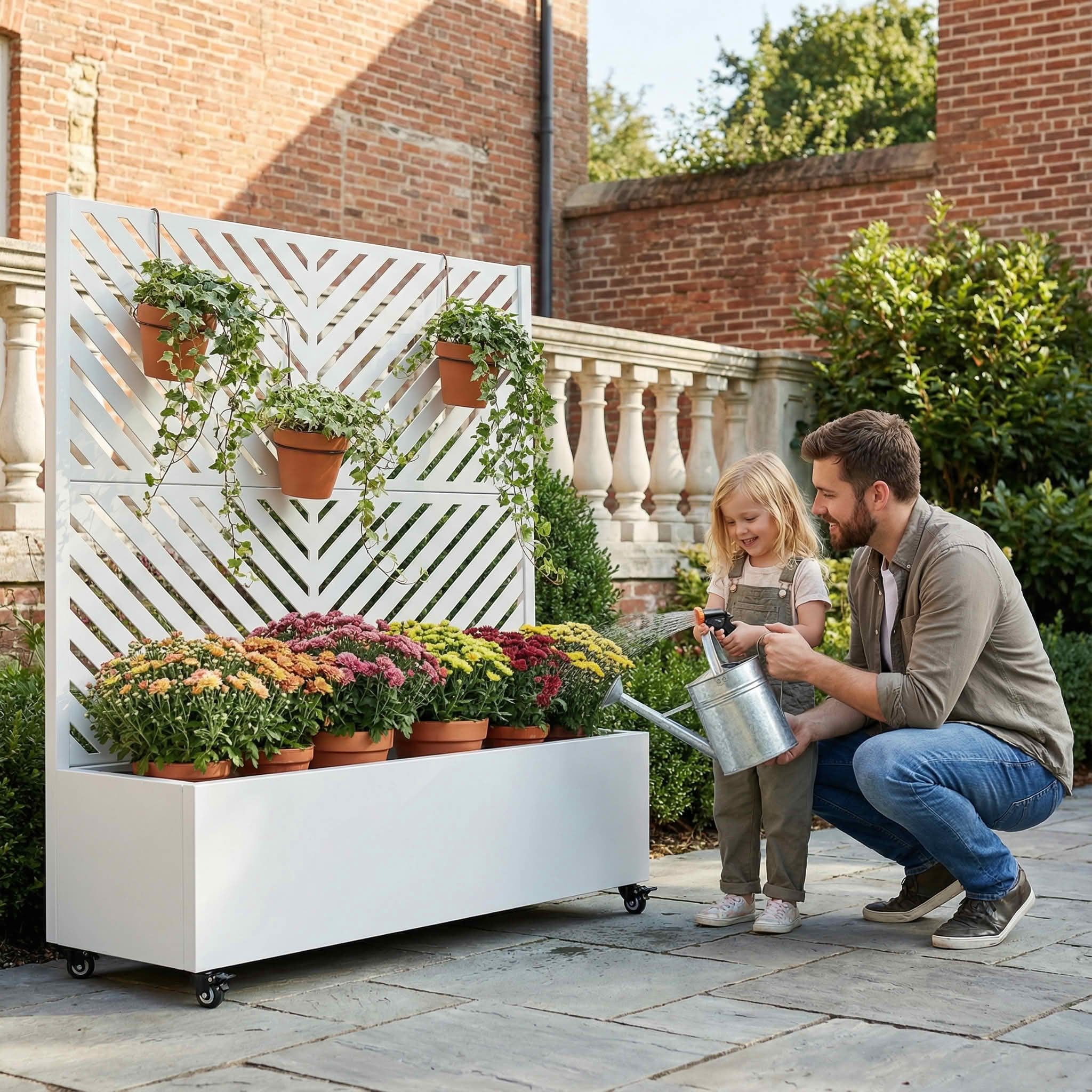 MAYEERTY 47X47" Metal Outdoor White Privacy Screen with Planter Box for Backyard & Garden, 2 Piece Set