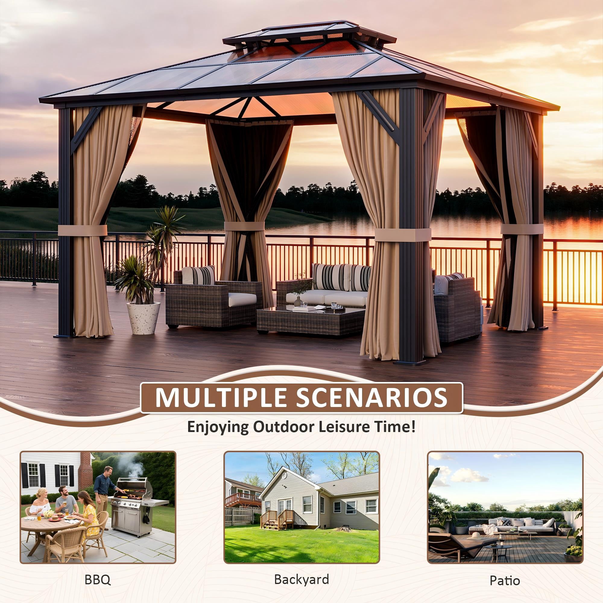 NETAJE 10x12 FT Hardtop Gazebo, Heavy Duty Gazebo with Aluminum Frame and PC Panel Double Roof, Outdoor Permanent Pavilion W/Curtain and Netting for Patio, Backyard, Lawn