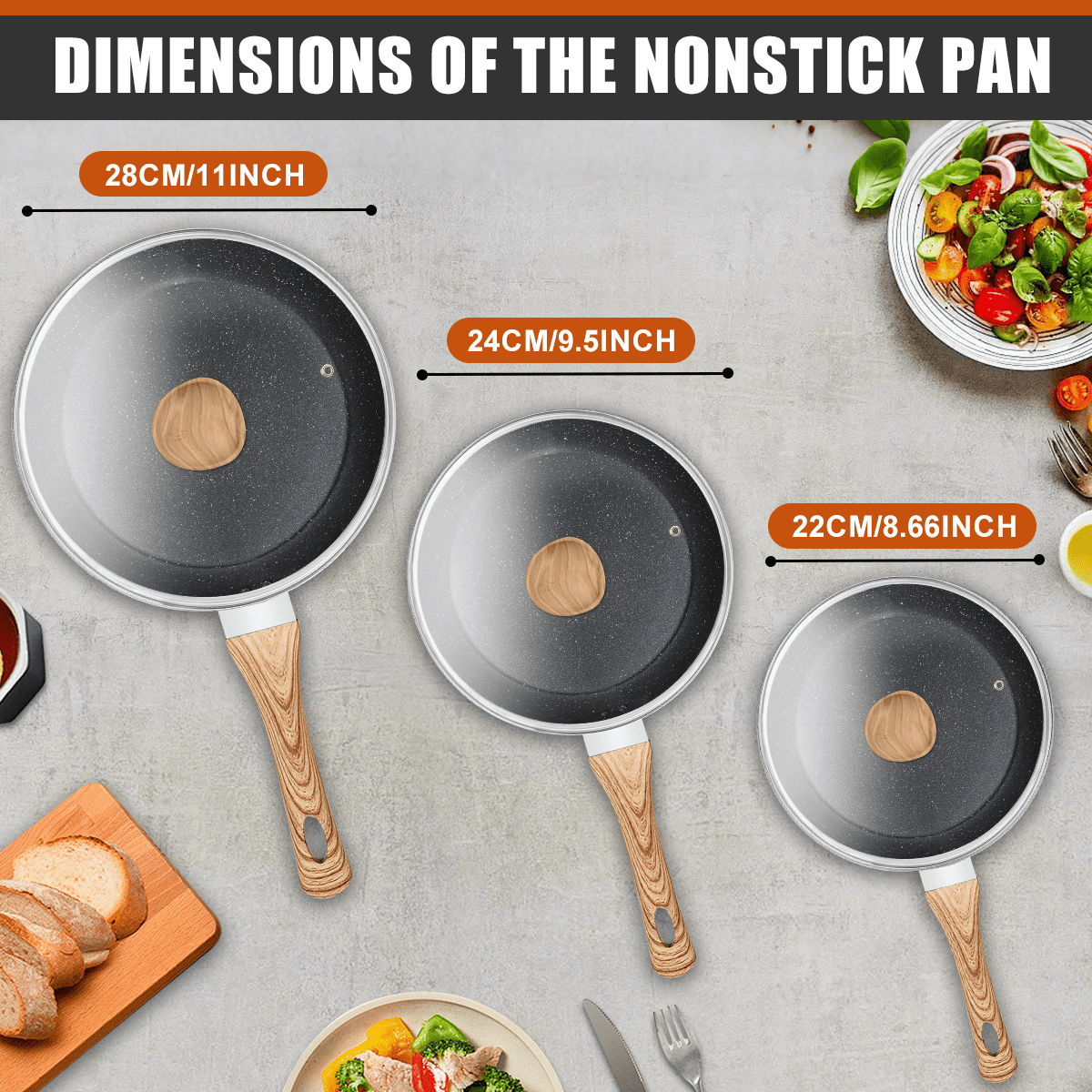 Soulfox 3-Piece Granite Nonstick Fry Pan Set with Lid 8.6/9.4/11" Aluminum All Stove&Dishwasher Safe