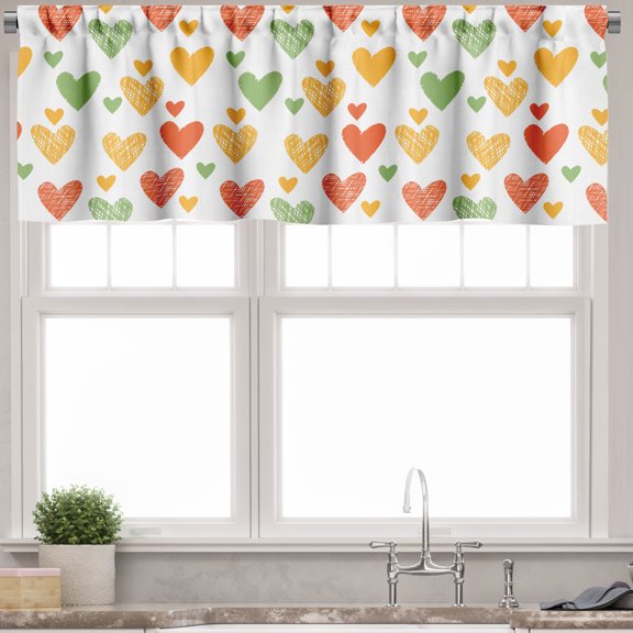 Ambesonne Valentine Valance Pack of 2, Irregular Hatched Hearts, 54"X12", Marigold Pistachio Green