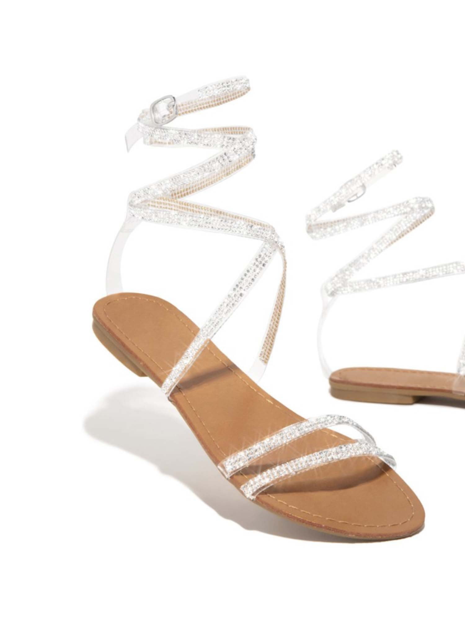 ankle strap flat sandals with rhinestones