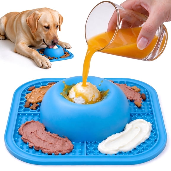 Slow Feeder Bowl & Lick Mat, Non-Slip Interactive Feeding Toy with Rolling Ball, Blue for Pets