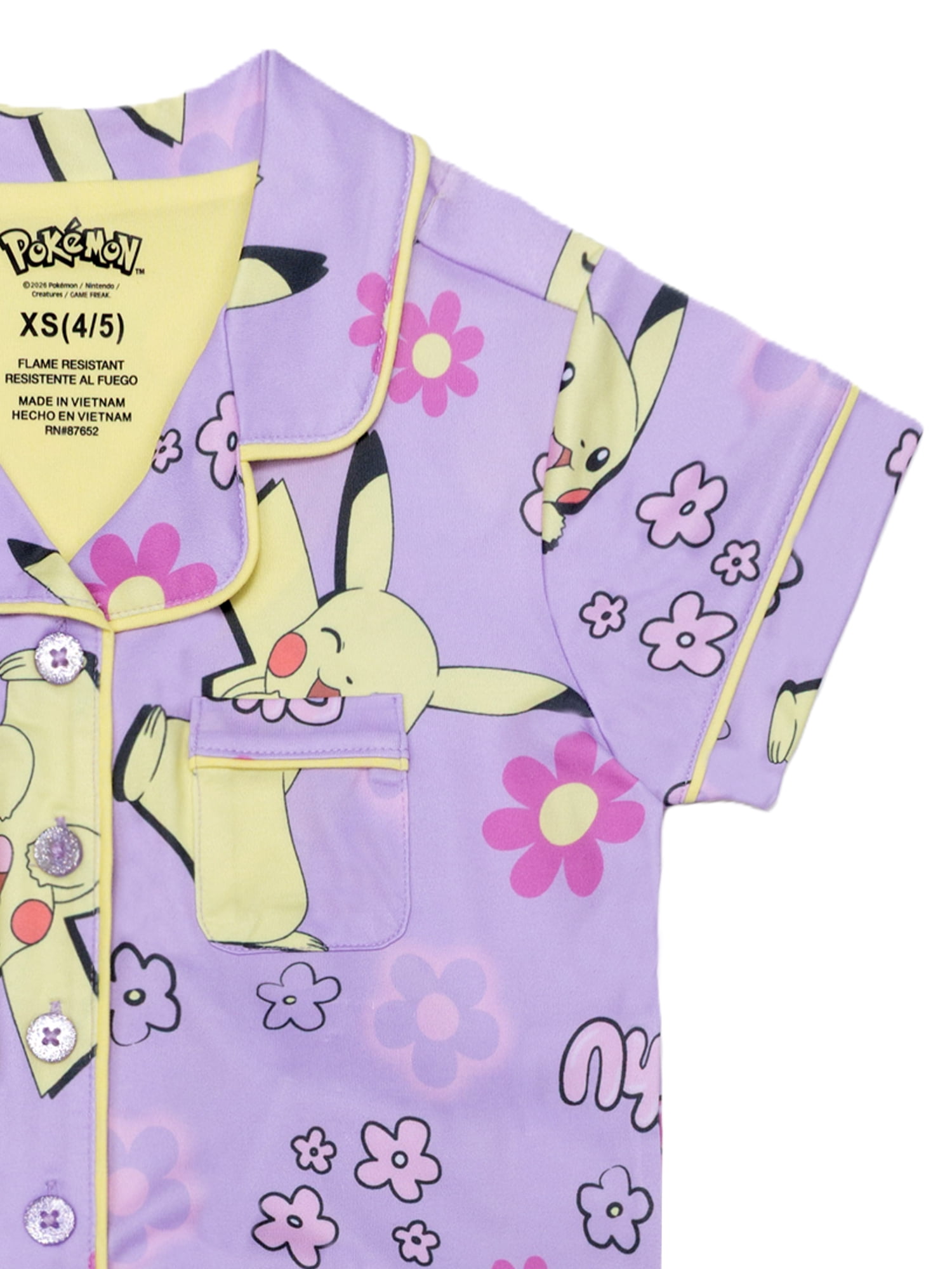 Pokemon Girls Button Front Top and Shorts Pajama Set, 2-Piece, Sizes 4-12