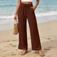 thumbnail image 2 of Women Pants Casual New Wide Leg Beach Pants for Women Summer Cooling Pleated Pants with Pockets High Waist Drawstring Slit Hem Casual Trousers, 2 of 7