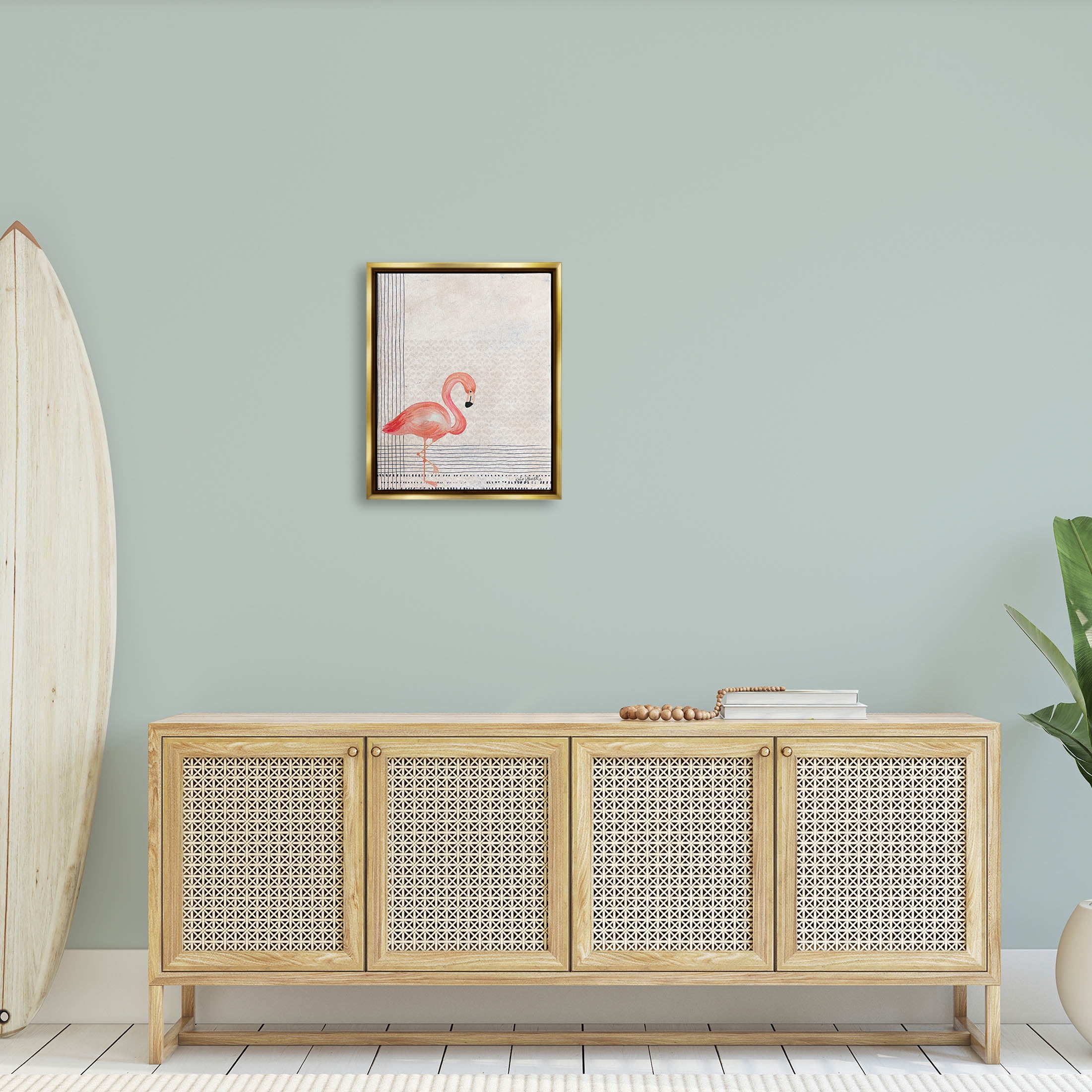 Stupell Industries Patterned Flamingo Bird Layered Stripes Graphic Art Metallic Gold Floating Framed Canvas Print Wall Art, Design by Katie Doucette