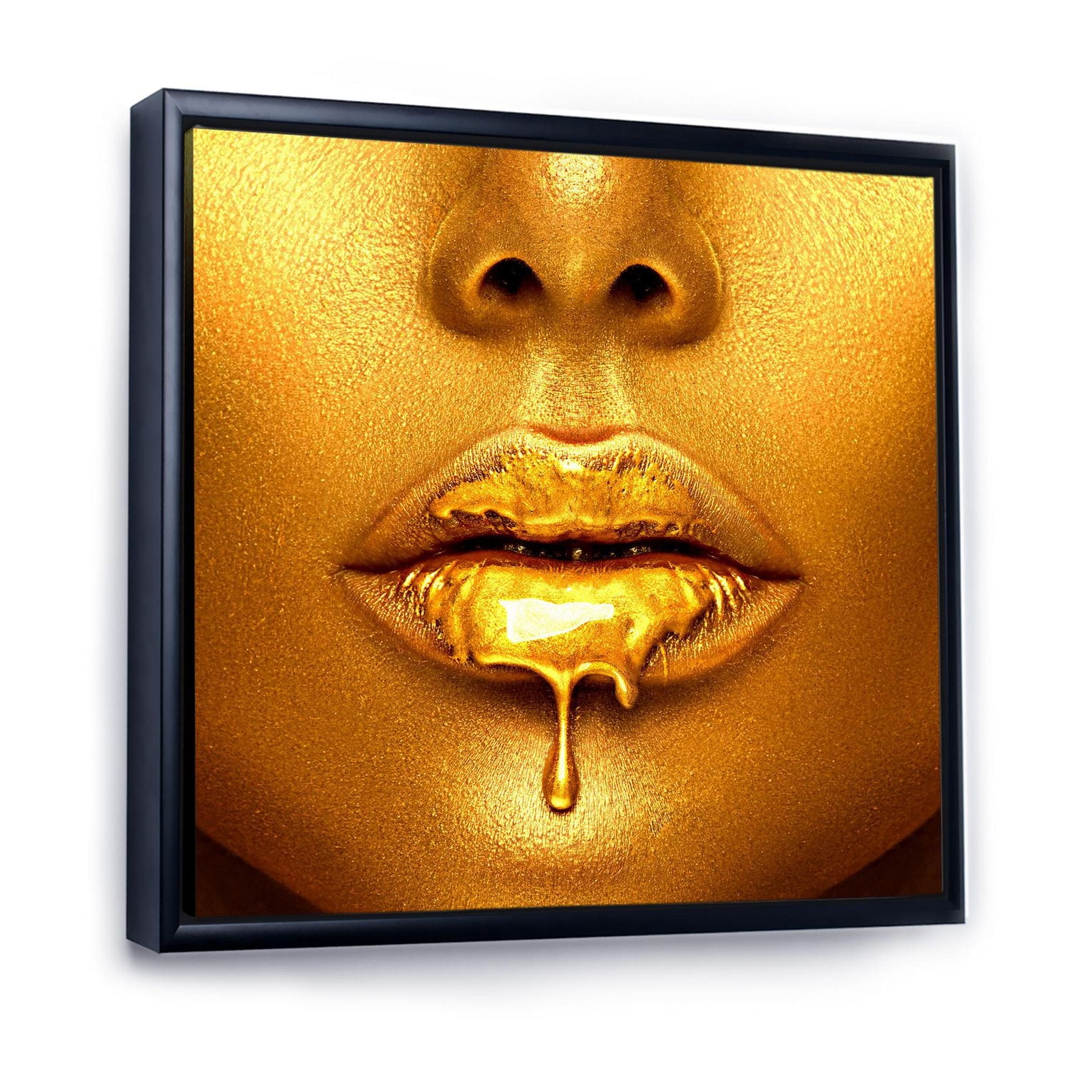 Designart Gold Paint Drips From Sexy Woman Lips FLOAT FRAME WALL ART