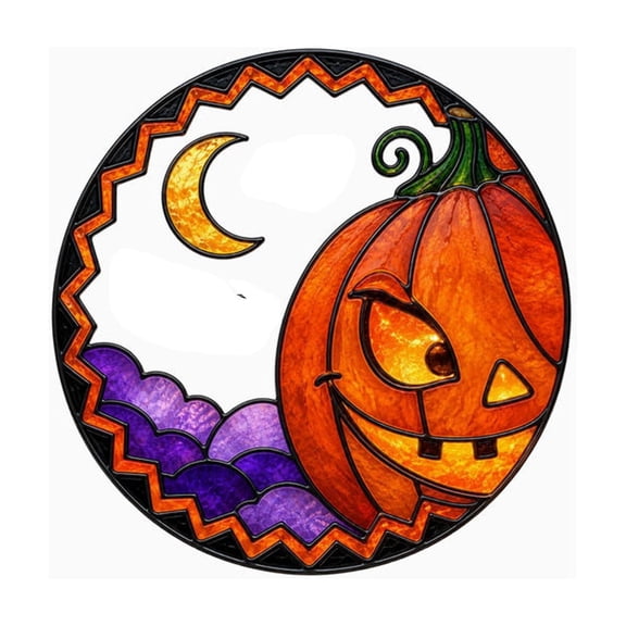 Halloween Stained Glass Style Window Clings Round Colorful -o- Window Decals Pumpkin Purple Cloud Reusable Stickers For Glass Door Halloween Home Decor
