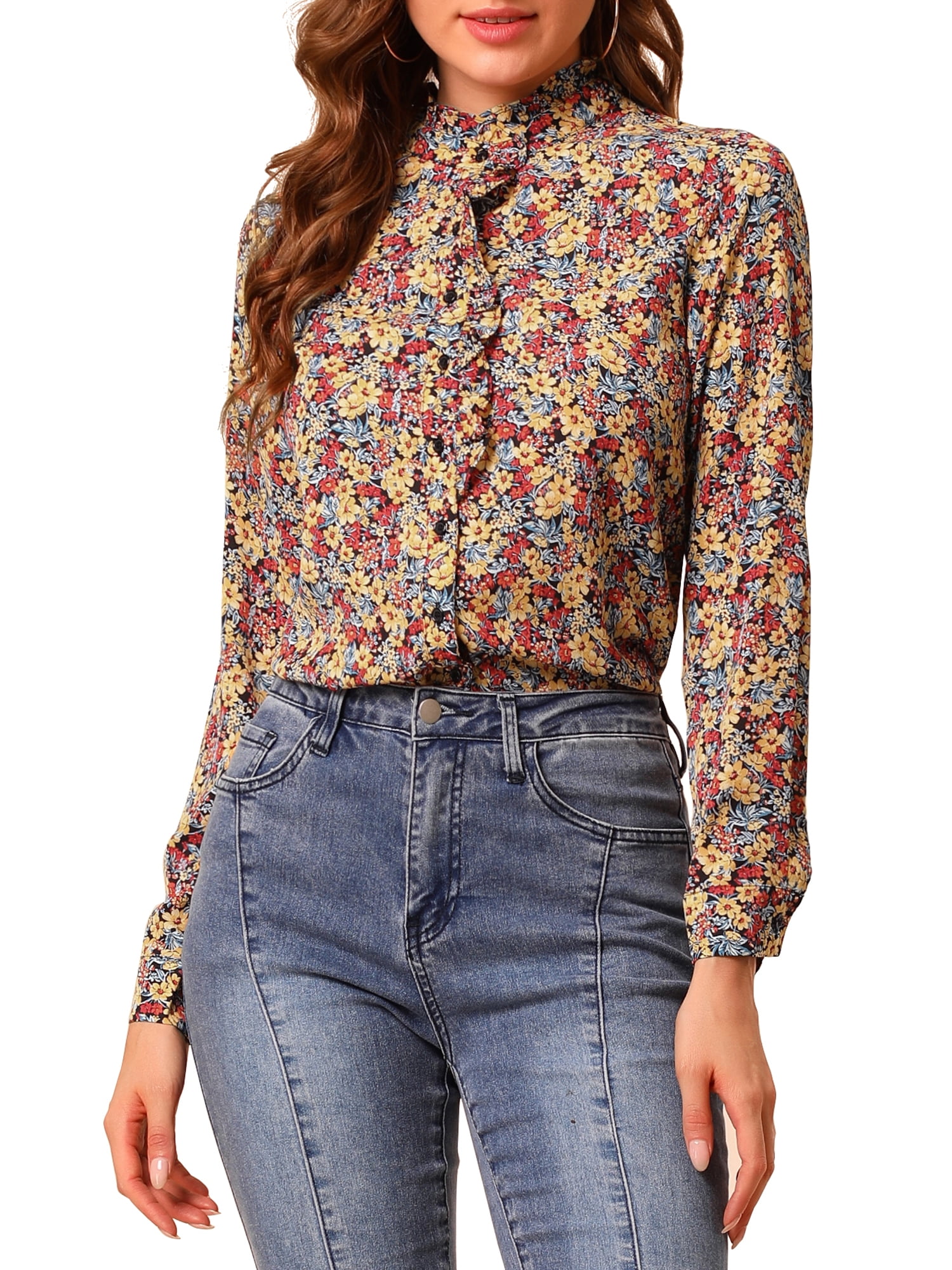 Allegra K Womens Floral Blouse V Neck Stand Collar Long Sleeve Loose Top 