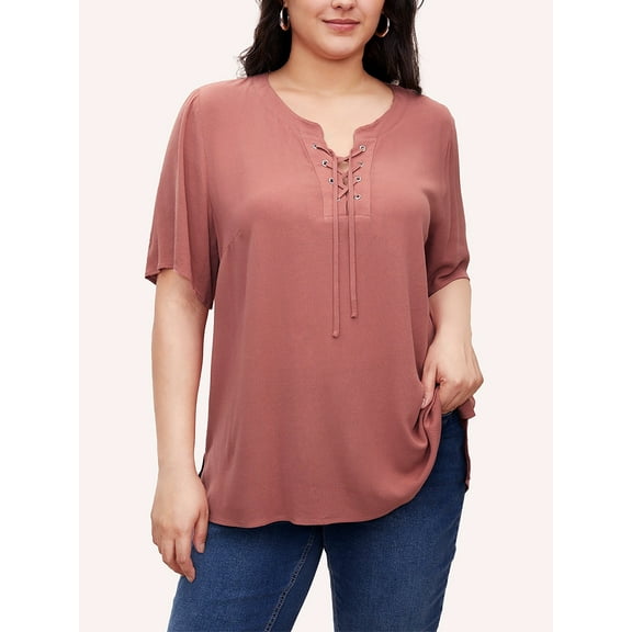 Sewify 2025 Summer Women's Plus Size Tops Short Sleeve Eyelet Cross Rope Hollow V-Neck Elegant Blouses,1X/2X/3X/4X