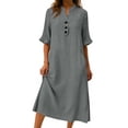 thumbnail image 4 of SAWOBUUN Womens Washed Cotton Blend Midi Dress Button V Neck Half Sleeve Casual Loose Summer Dress with Pockets, 4 of 6