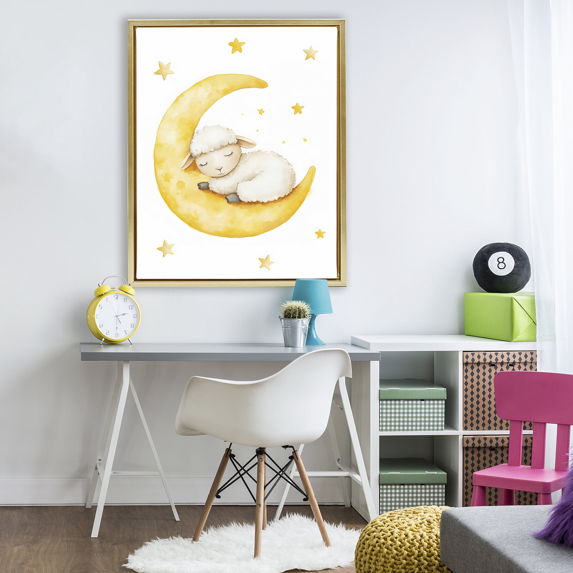 Stupell Industries Sleeping Sheep on Yellow Moon Gold Framed Floater Canvas Wall Art, design by LSR Design Studio