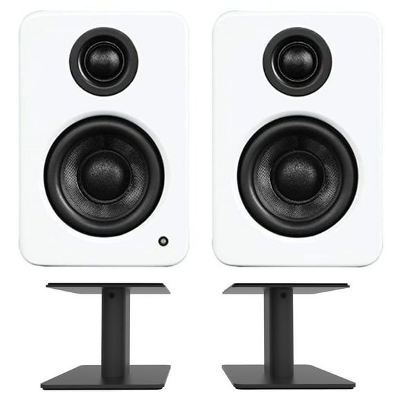 Kanto YU2MW 100W Bookshelf Computer Gaming Speakers - Matte White (Pair) with Kanto SP6HD 6" Fixed-Height Desktop Stands for Bookshelf Speakers - Black (Pair) (2022)