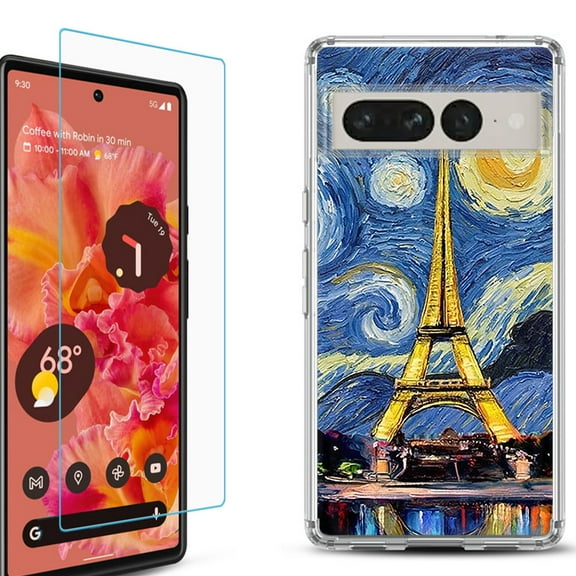 Shockproof Bumper Phone Case for Google Pixel 7, with Tempered Glass Screen Protector, by OneToughShield ® - Starry Night Eiffel