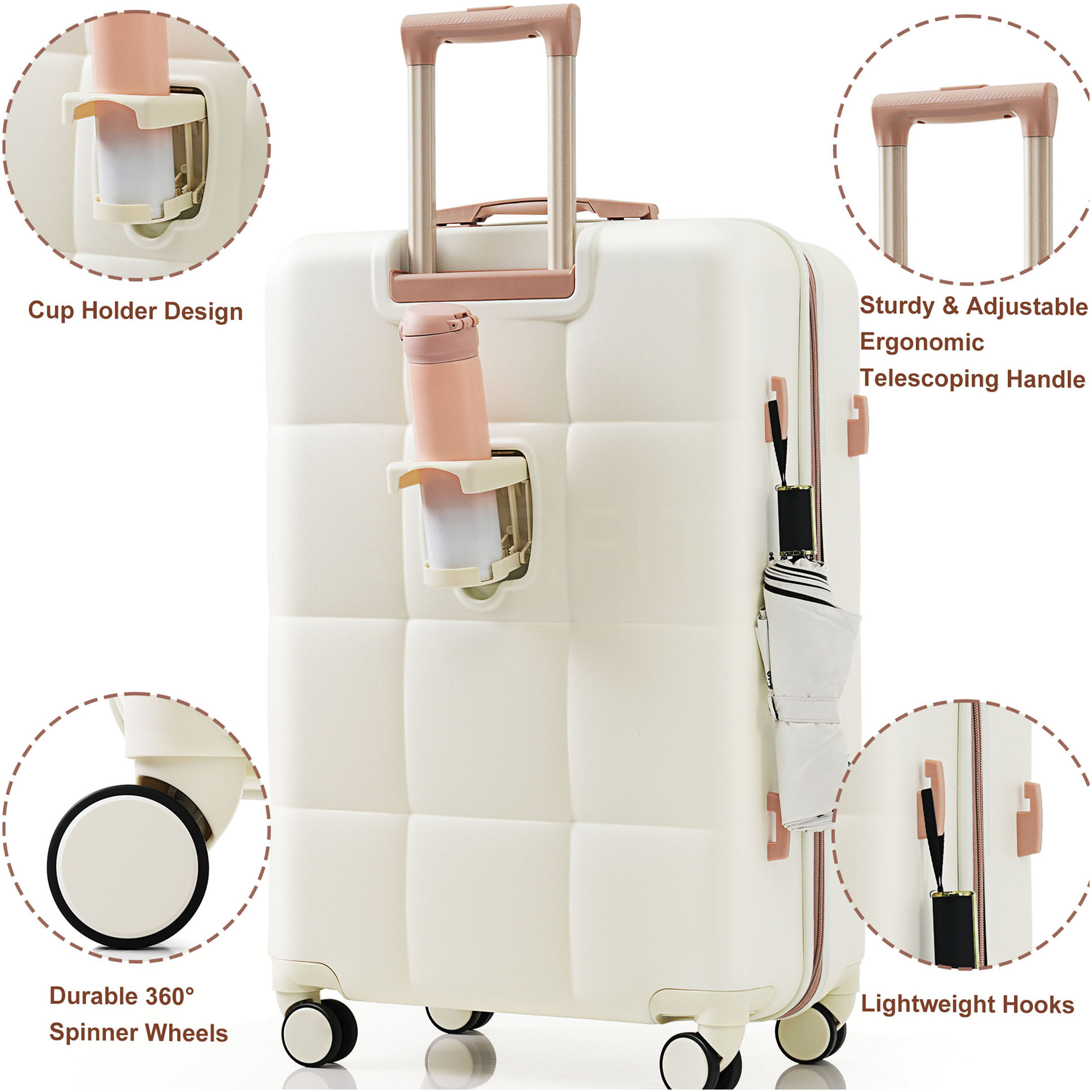 JERFIT 3-Piece White & Gold ABS Hard Shell Luggage Set with Cup Holder, 360° Spinner Wheels, Airline Approved Carry-On Suitcase