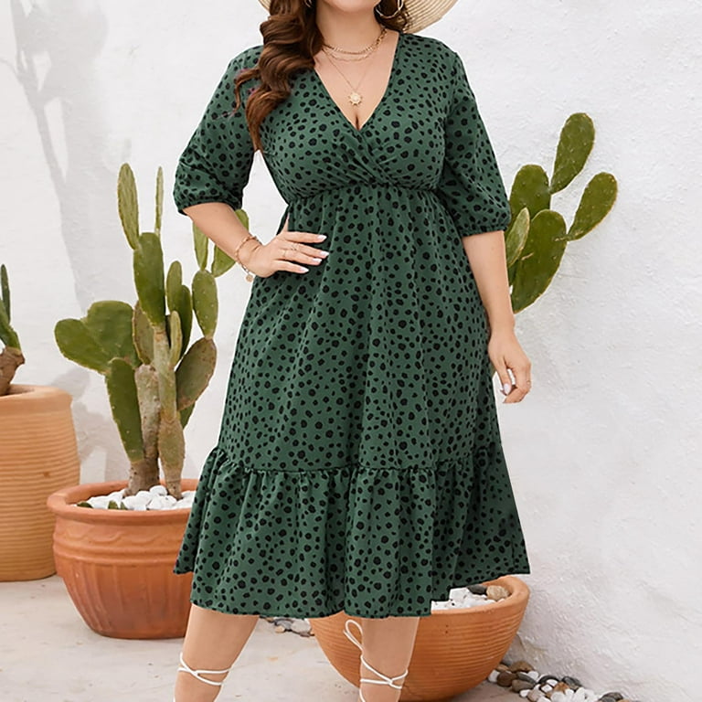Womens Plus Size Dresses Large Bust Puff Sleeve Hide Belly Casual Loose  Pleated Midi Dress for Women Knee Length 