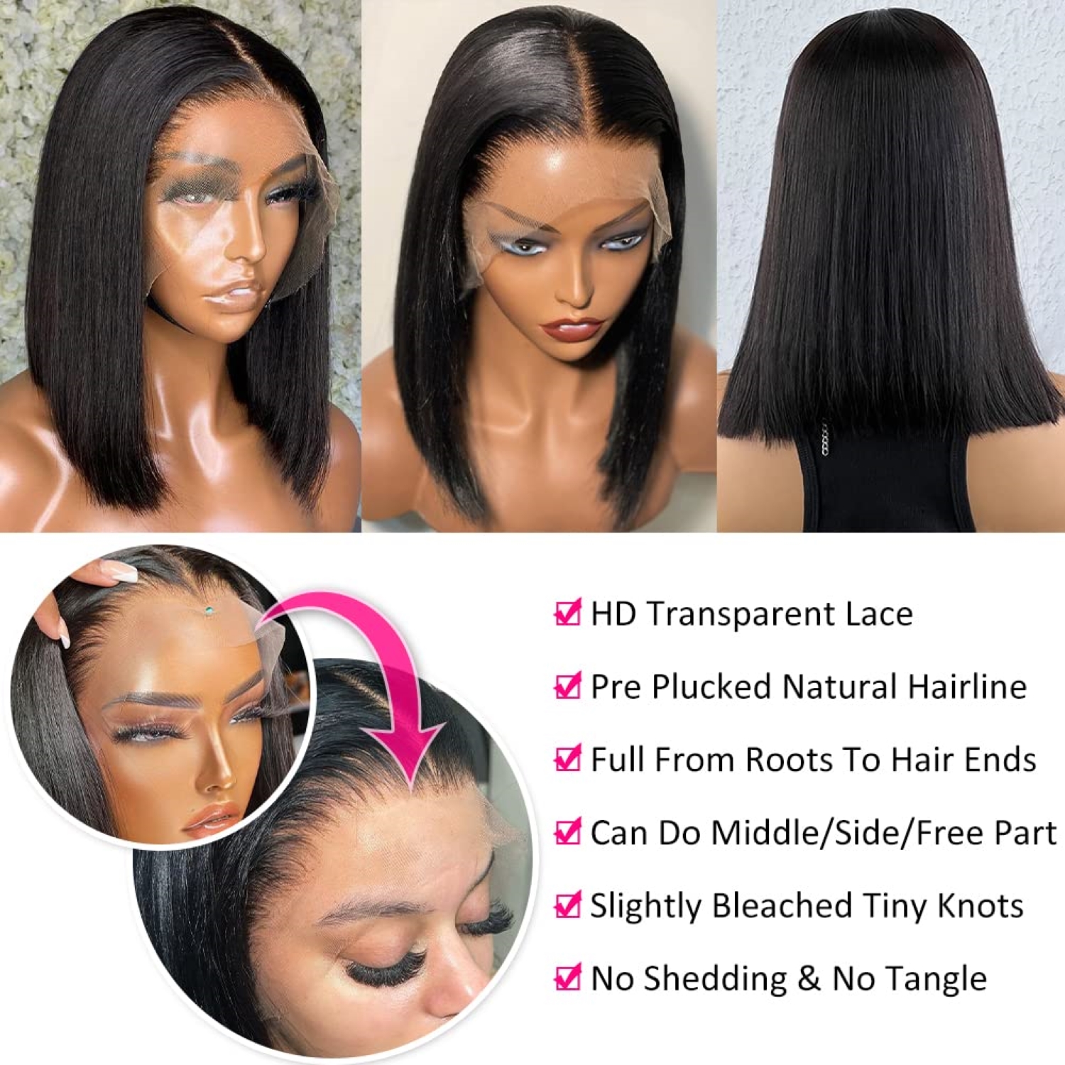 12" 13x4 Lace Front Bob Wigs Human Hair, HD Lace Bob Wig Human Hair