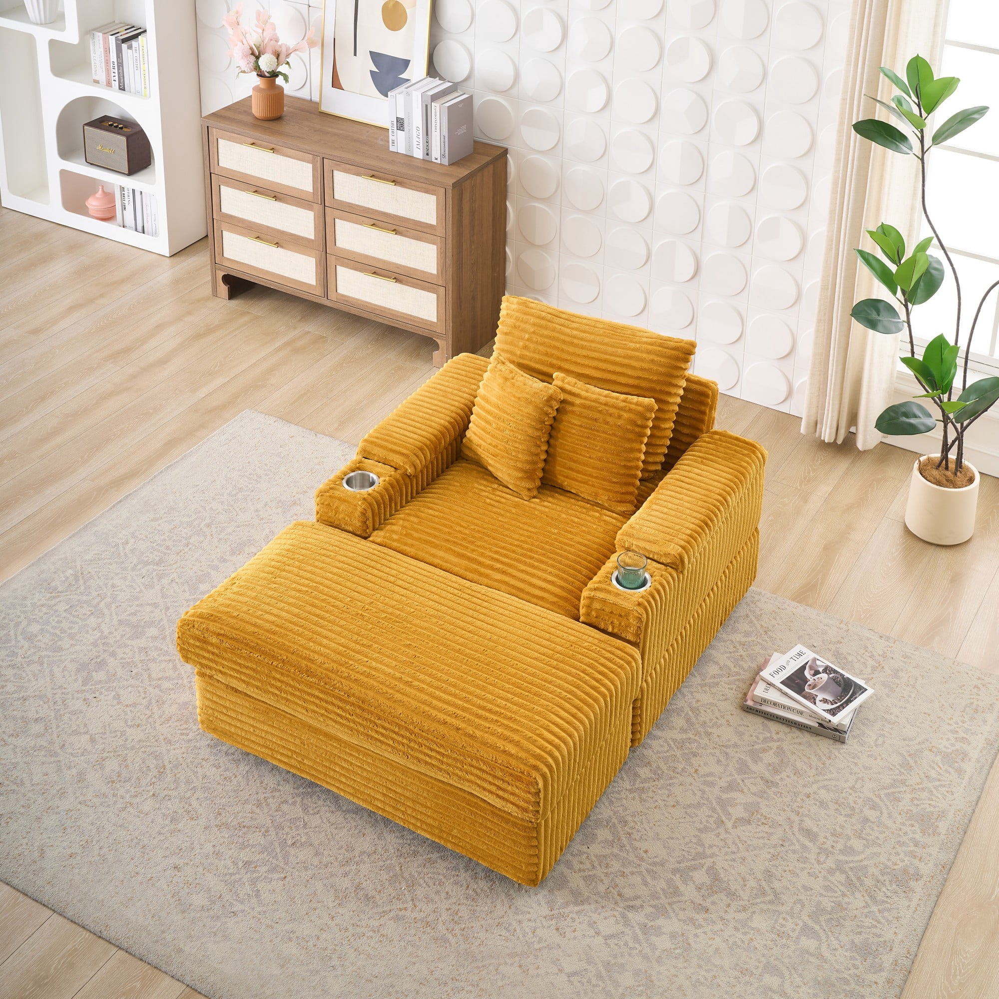 Chaise Lounge Chair,Corduroy Upholstered Sofa Bed with 3 Throw Pillows,Sleeper Reading Chair for Living Room,Bedroom,Orange