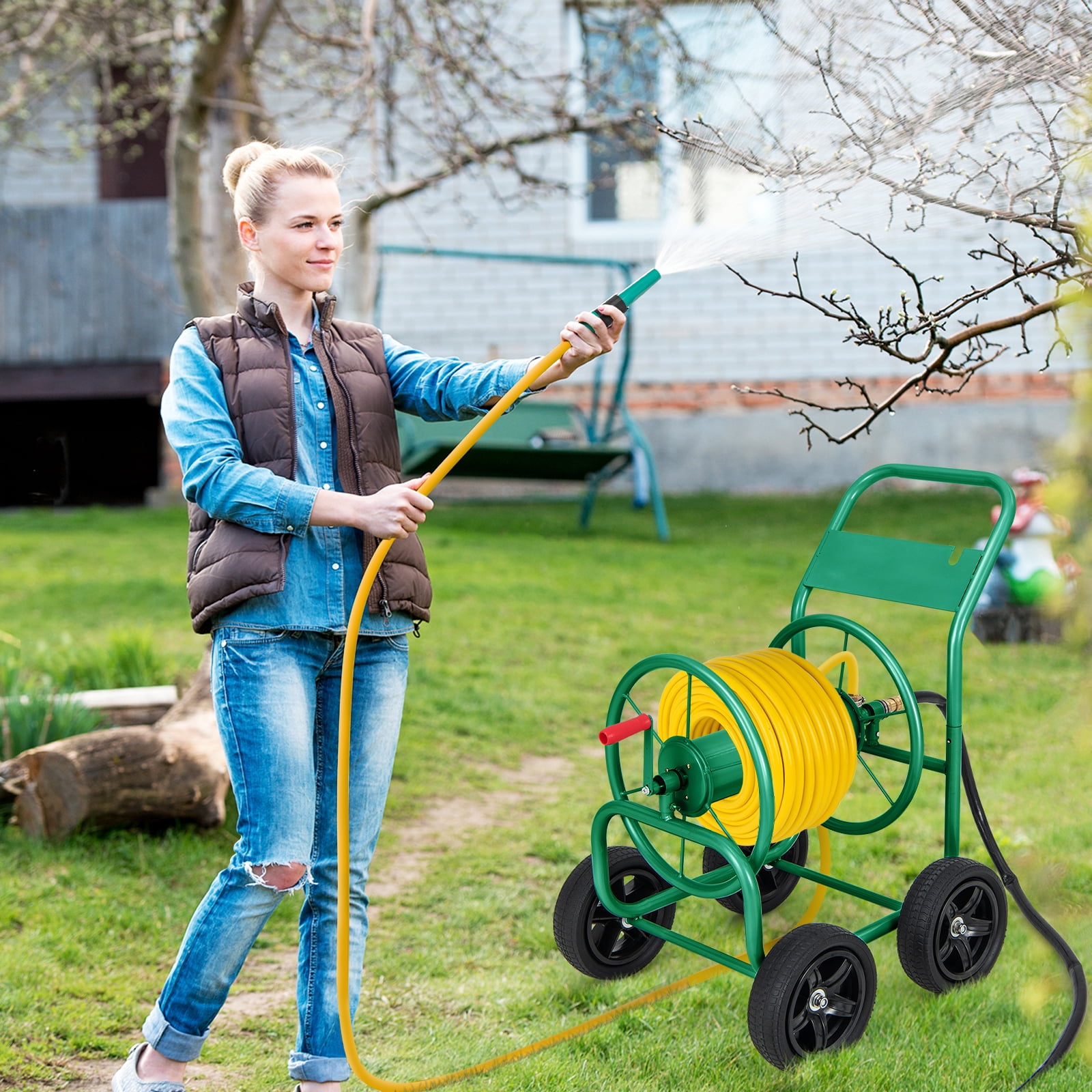 Patiojoy 4-Wheel Garden Water Hose Reel Cart Heavy Duty Wheel Water Planting Cart with Non-slip Crank Handle, Outdoor Slide Hose Guide System Green