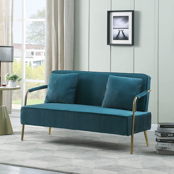 Pouseayar 56" Width Upholstered Velvet Loveseat Sofa with 2pcs Throw Pillows ,Teal