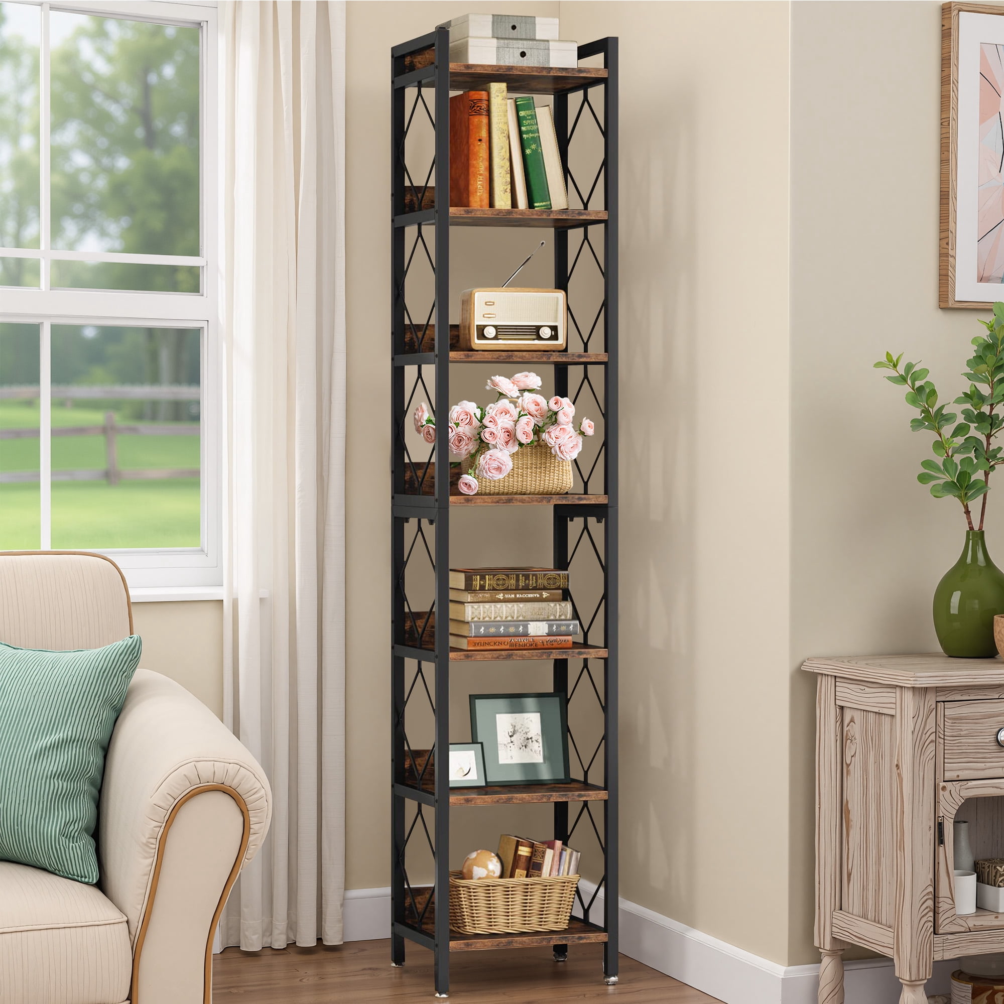 MAYEERTY 78.7" Tall Narrow 7-Tier Corner Shelf, Diamond Pattern Anti-Fall Corner Display Rack for Tight Small Spaces