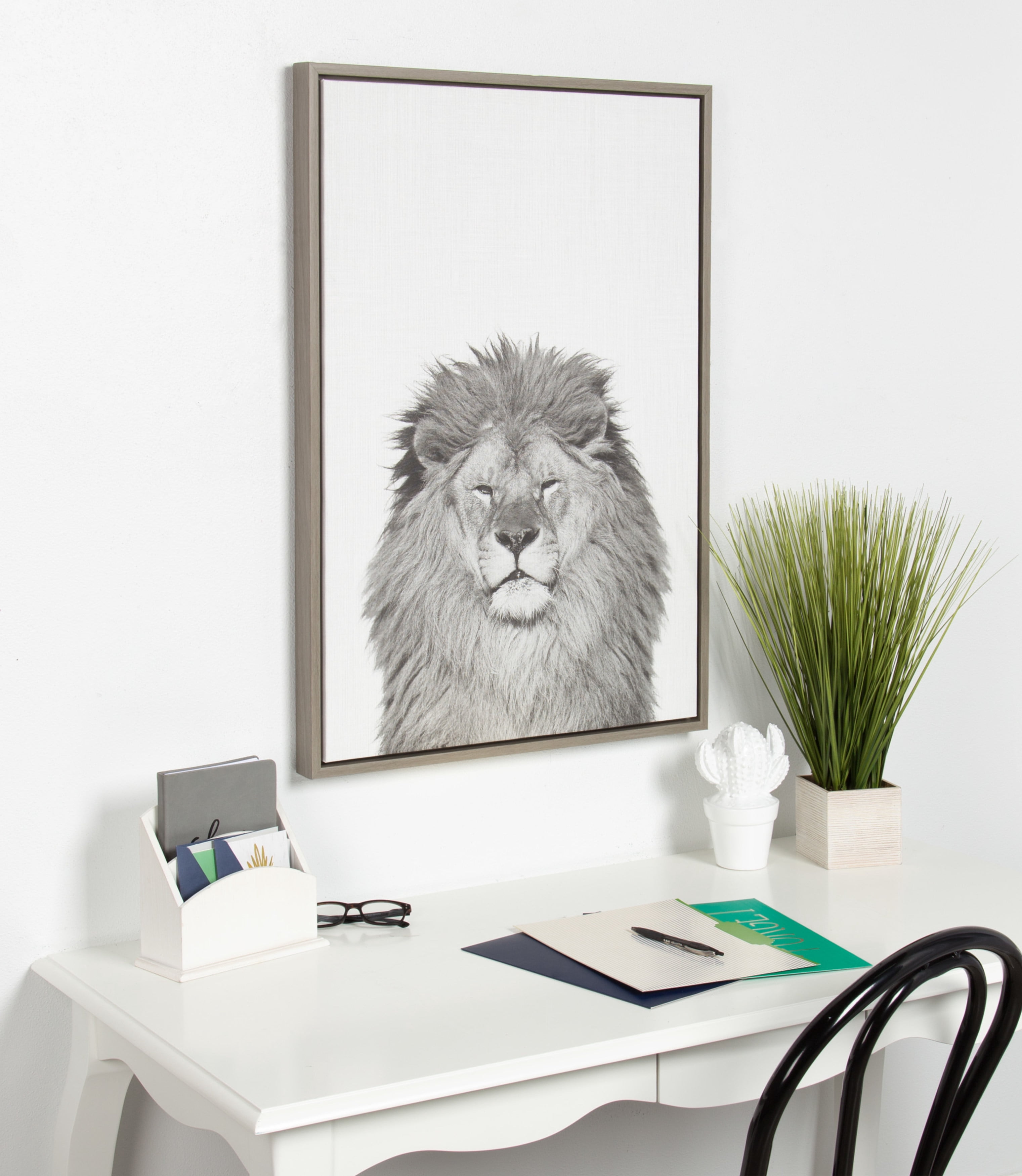 Kate and Laurel Sylvie Lion Animal Print Black and White Portrait Framed Canvas Wall Art by Simon Te Tai, 23x33 Gray