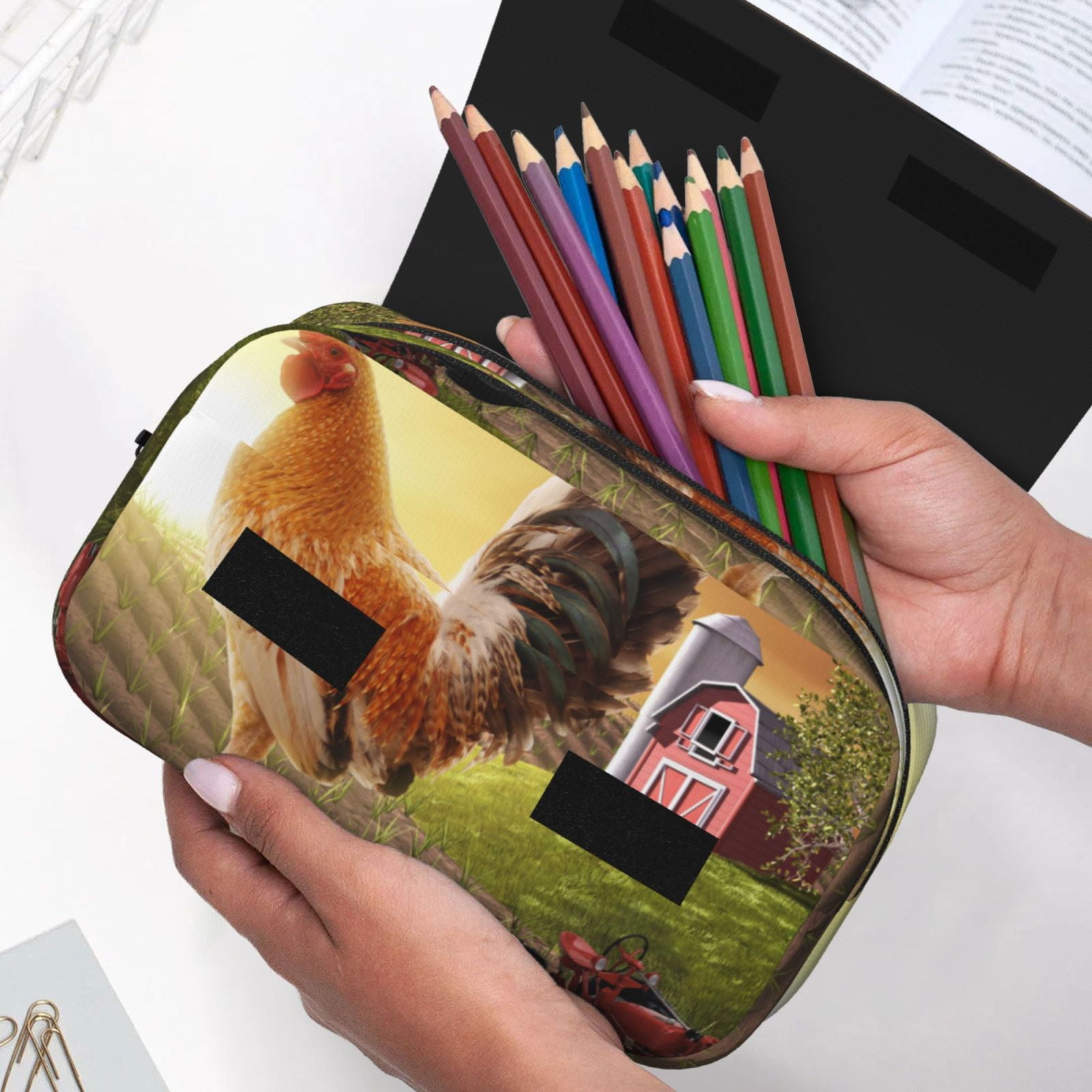 Rateoe Country Farm Morning Rooster Pattern Double Clamshell Pen Case, Storage Organizer with Two Zipper Compartments– Holds Up to 50 Pencils & Pens