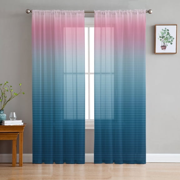 Sheer Curtains 84 Inches Long, Modern Geometric Striped Abstract Art Light Filtering Window Curtains for Living Room, Pink Blue Ombre Rod Pocket Voile Sheer Curtain Drapes, 52"W x 84"L, 2 Panels
