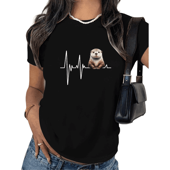 Black Otter Heartbeat Graphic T-Shirt Animal Lover Aesthetic Casual Daily Weekend Outfit Top for Wildlife Enthusiasts S-5XL