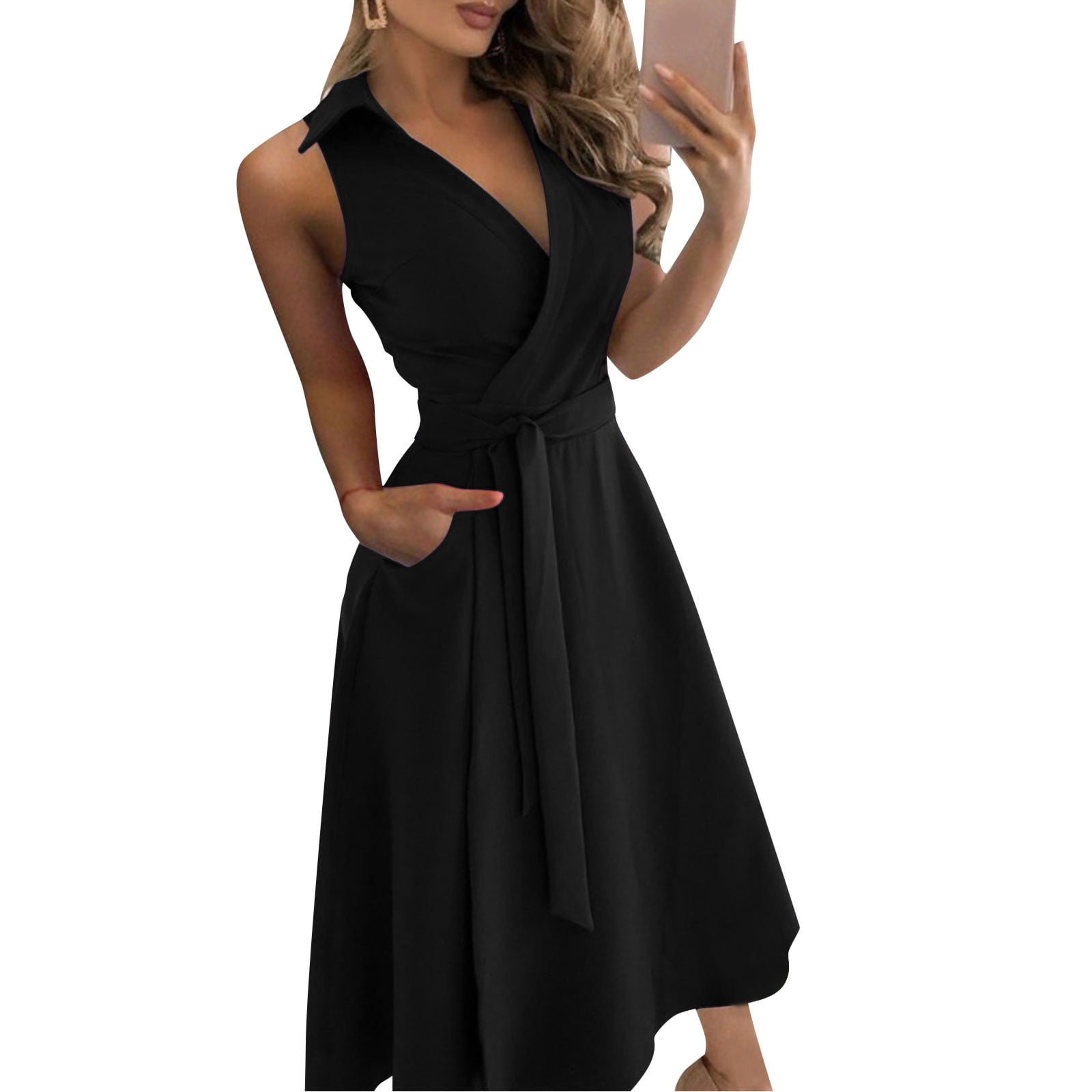 ZHOGXU Women's Dress Sleeveless V Neck Solid Color Lace Up Fashion Comfortable Workout Sport Athletic Dresses With Pocket For Casual Daily Wear,Black,Xxl