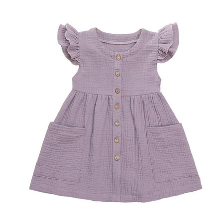 

Chaoren Girl Dress Ruffle Sleeve Large Hem Solid Color Buttons Bowknot Cotton Dress for Spring/Summer