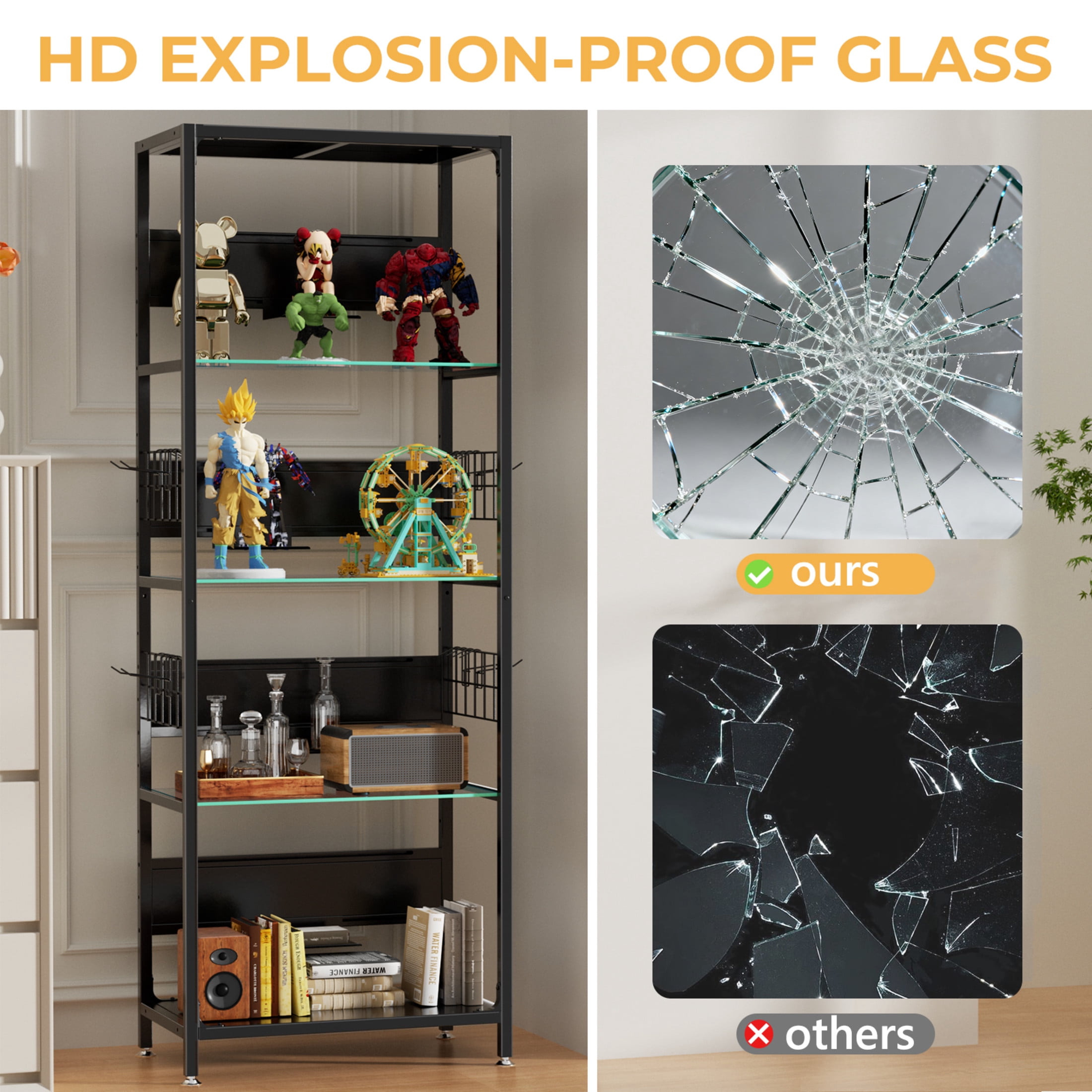 Noble House LED Lighted Curio Cabinet, 4-Tier Glass Display Stand, Adjustable Metal Frame Shelf for Living Room, Black