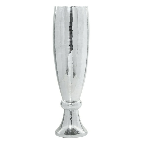 DecMode 48" Tall Champagne Flute Shape Silver Polystone Vase with Mosaic Mirror Inlay