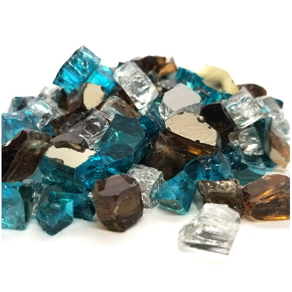 (10 Pounds) Teal, Amber & Clear Premium Blue Reflective Blended Fire Glass, Tempered For Fire Pit & Fireplace (Deep Water Blue)