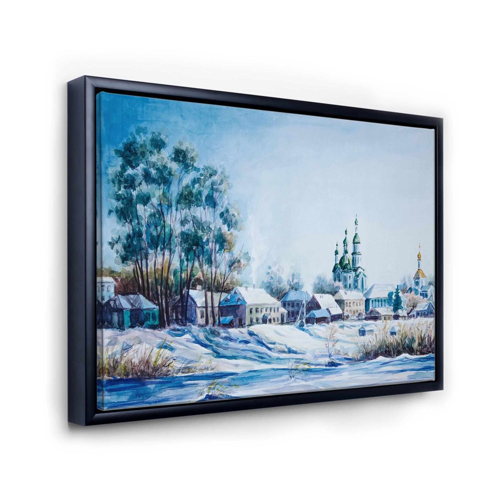 Designart 'Small Town Covered In Snow In Winter Times' Traditional Framed Canvas Wall Art Print